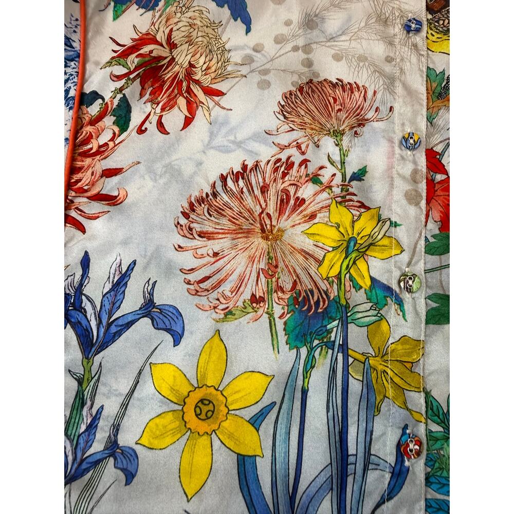 Johnny Was 100% Silk Botanical Blouse M Button Front Bird Floral Piped Collar - Picture 7 of 16